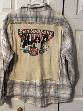 Bad Company Upcycled Back Graphic T-Shirt on Flannel - Size Men's XL